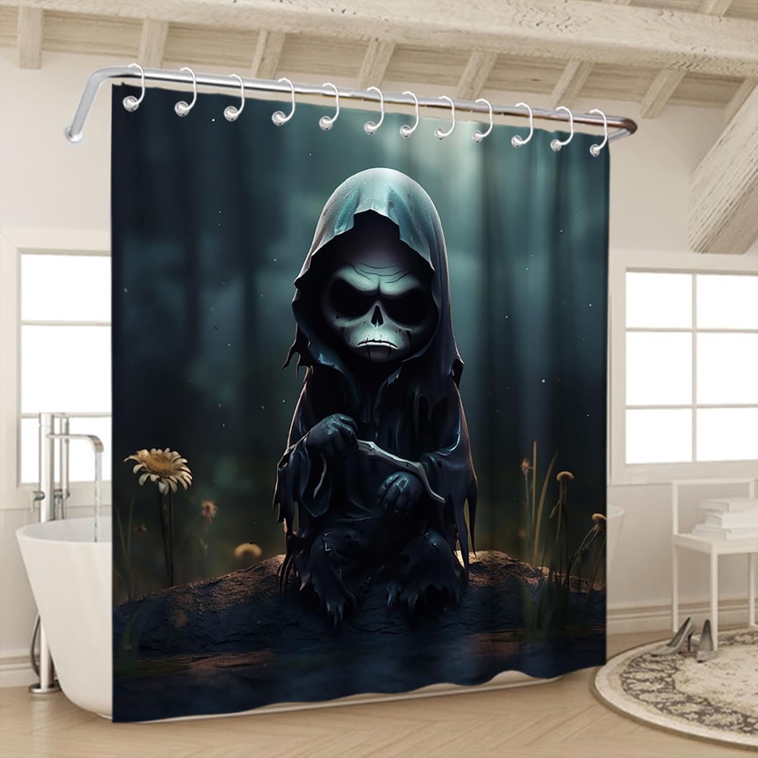 Cute Gothic Skeleton Shower Curtain Set Black Spooky Theme Waterproof