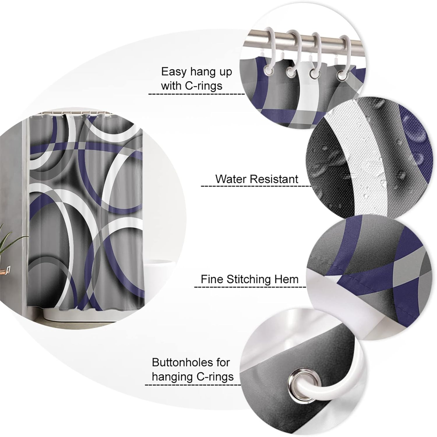 TocaHome Waterproof Shower Curtain with Hooks 36 x 78 inch