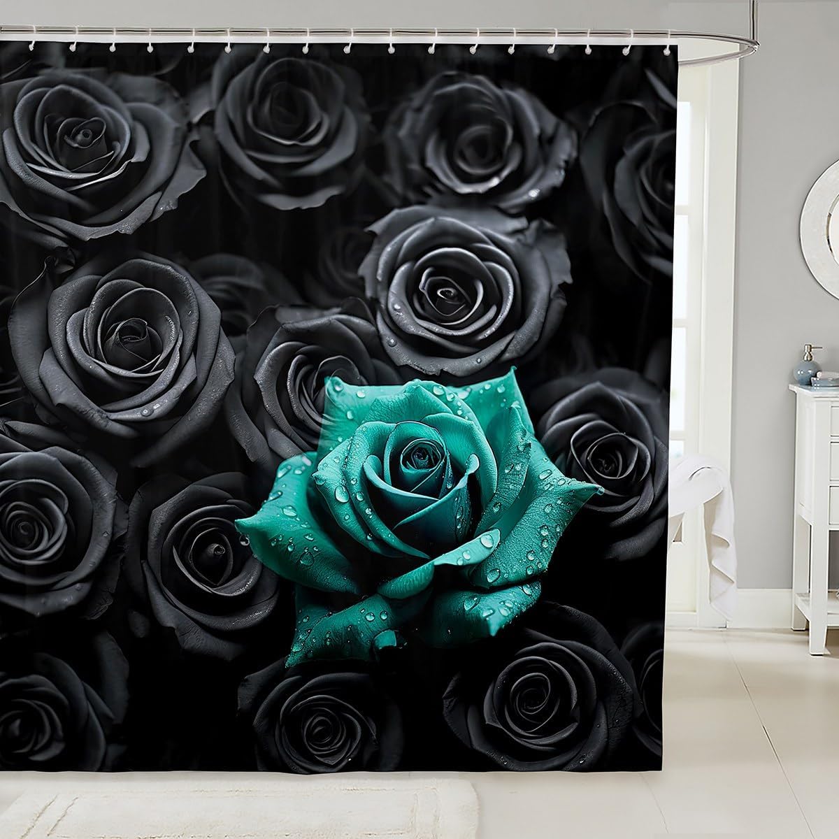 Erosebridal Black and Teal 3D Rose Shower Curtain Set