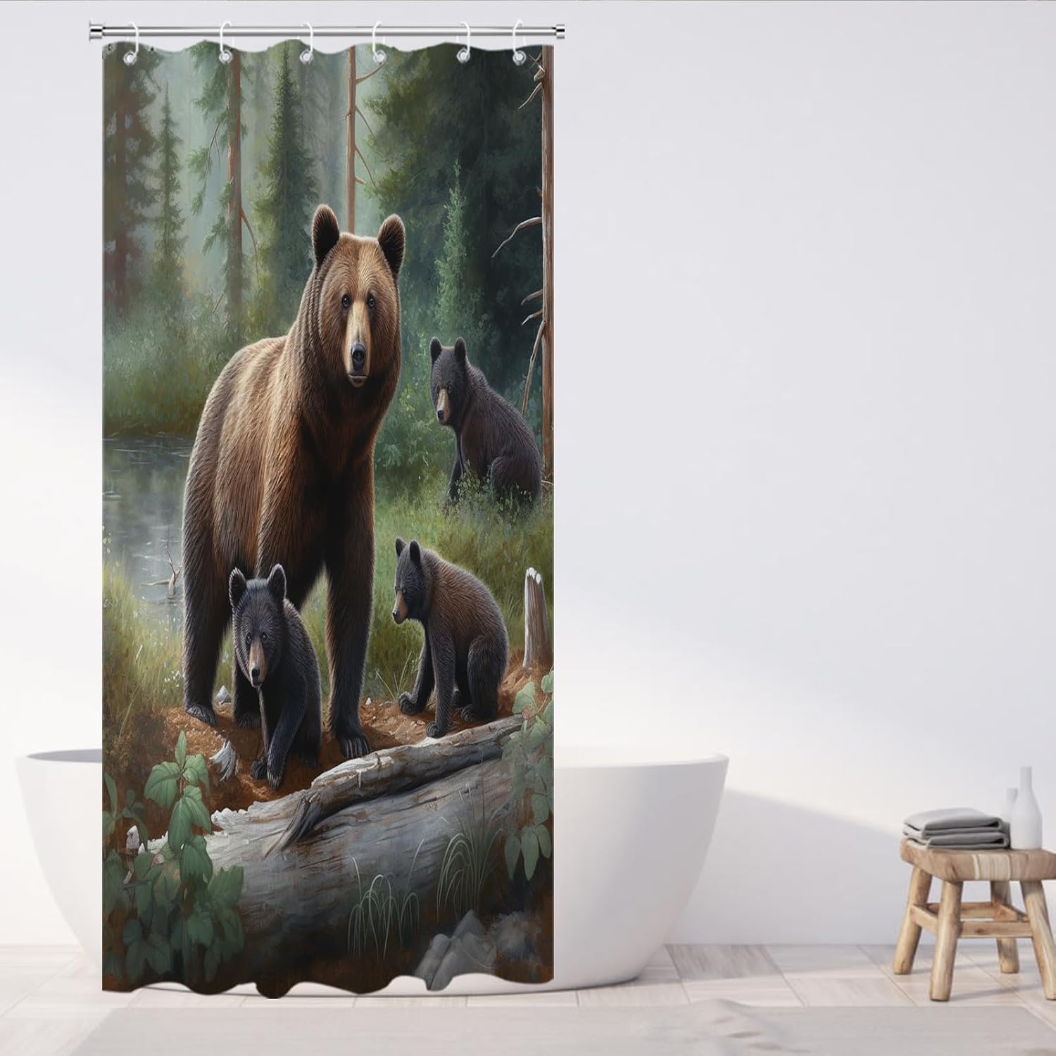 OTRANTO Bear Shower Curtain - Forest Nature Theme Waterproof Machine Washable