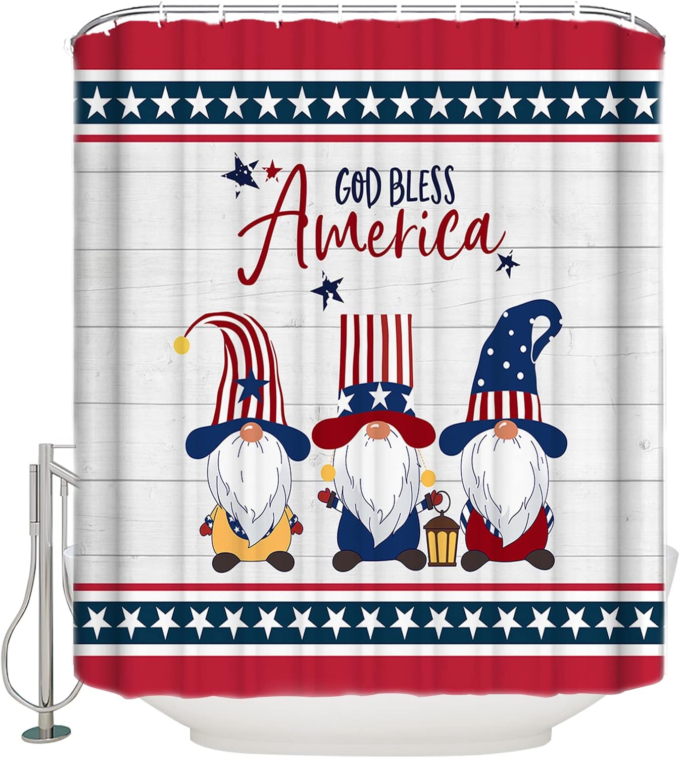 Waterproof Shower Curtain with Hooks and Patriotic Stars Design