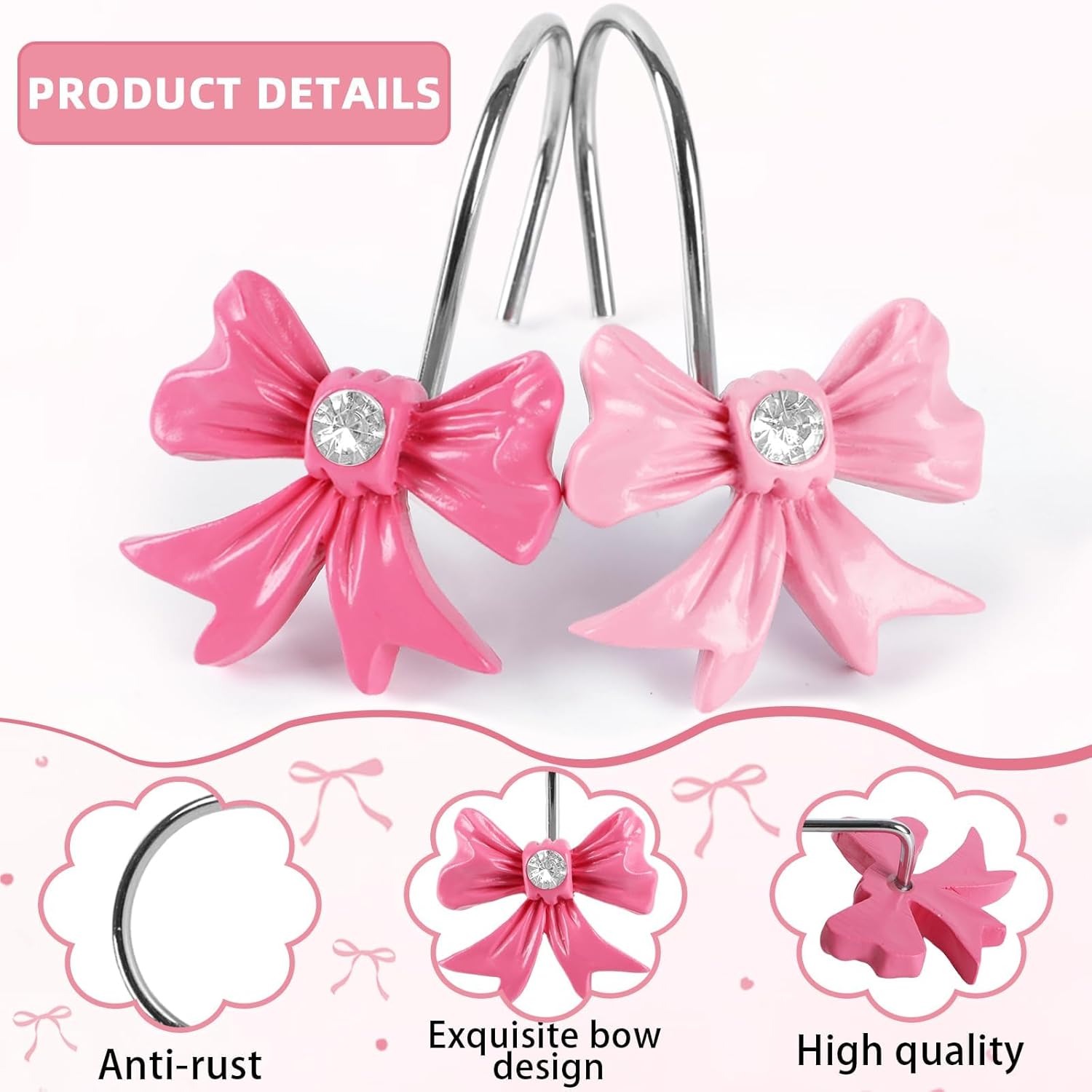 Durable Elegant Pink Bow Shower Curtain Hangers
