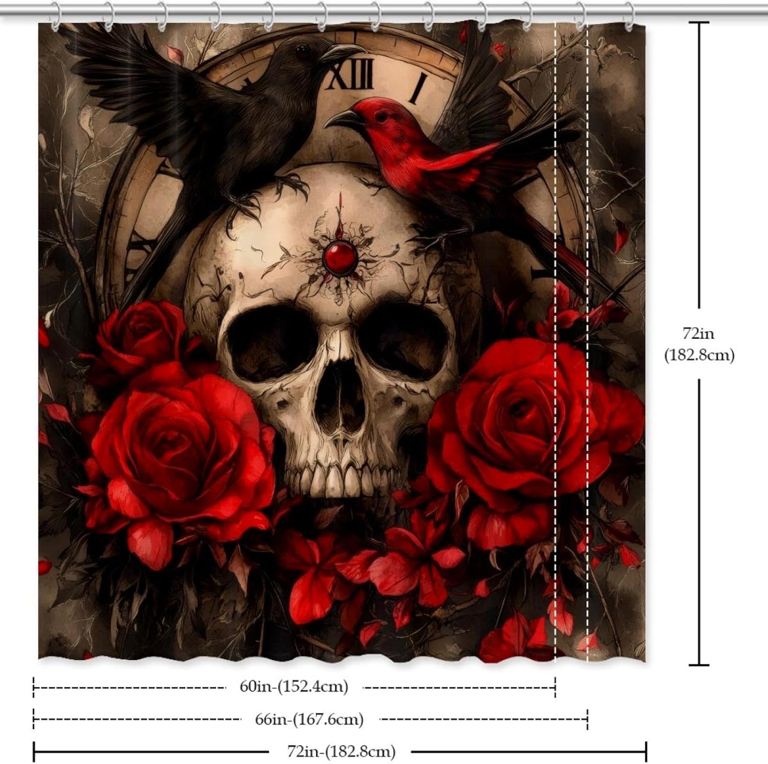 Bird Skull Vintage Clock Roses Shower Curtain