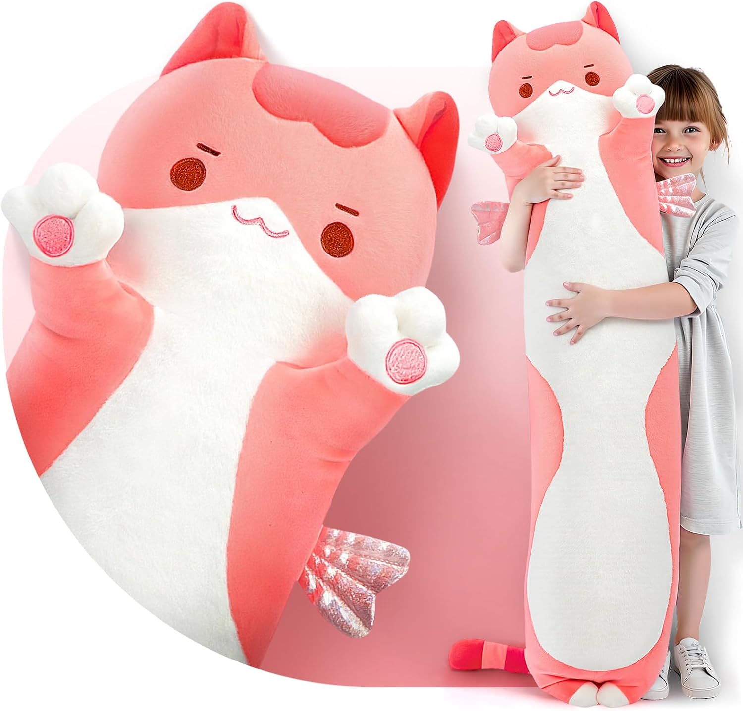 Long Cat Plush Body Pillow - Cute Pink Stuffed Animal
