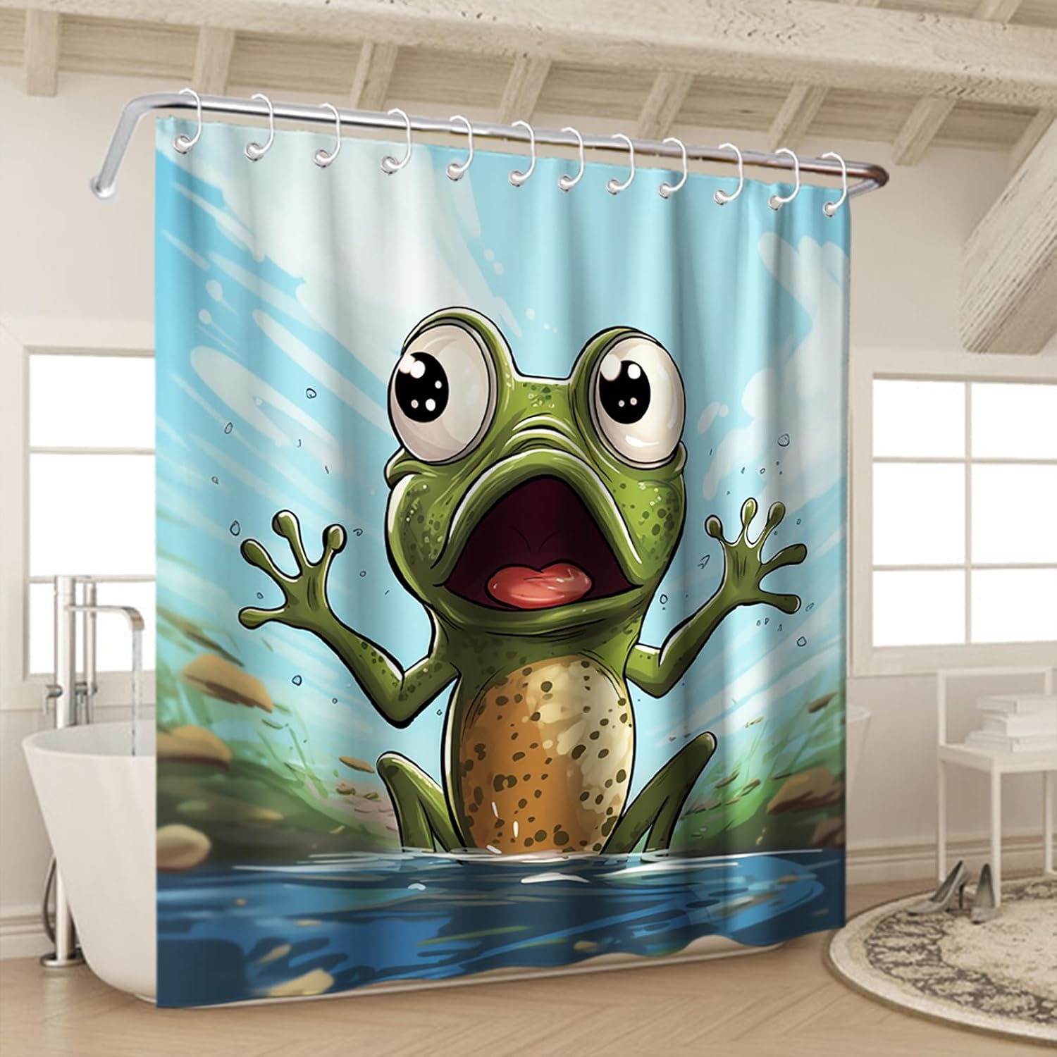 Cute and Rustic Tapestry Frog Shower Curtain Design