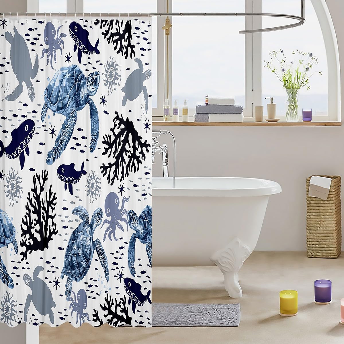 Feelyou Sea Turtle Bath Curtain 72x72 Fun Ocean Theme Waterproof Machine Washable