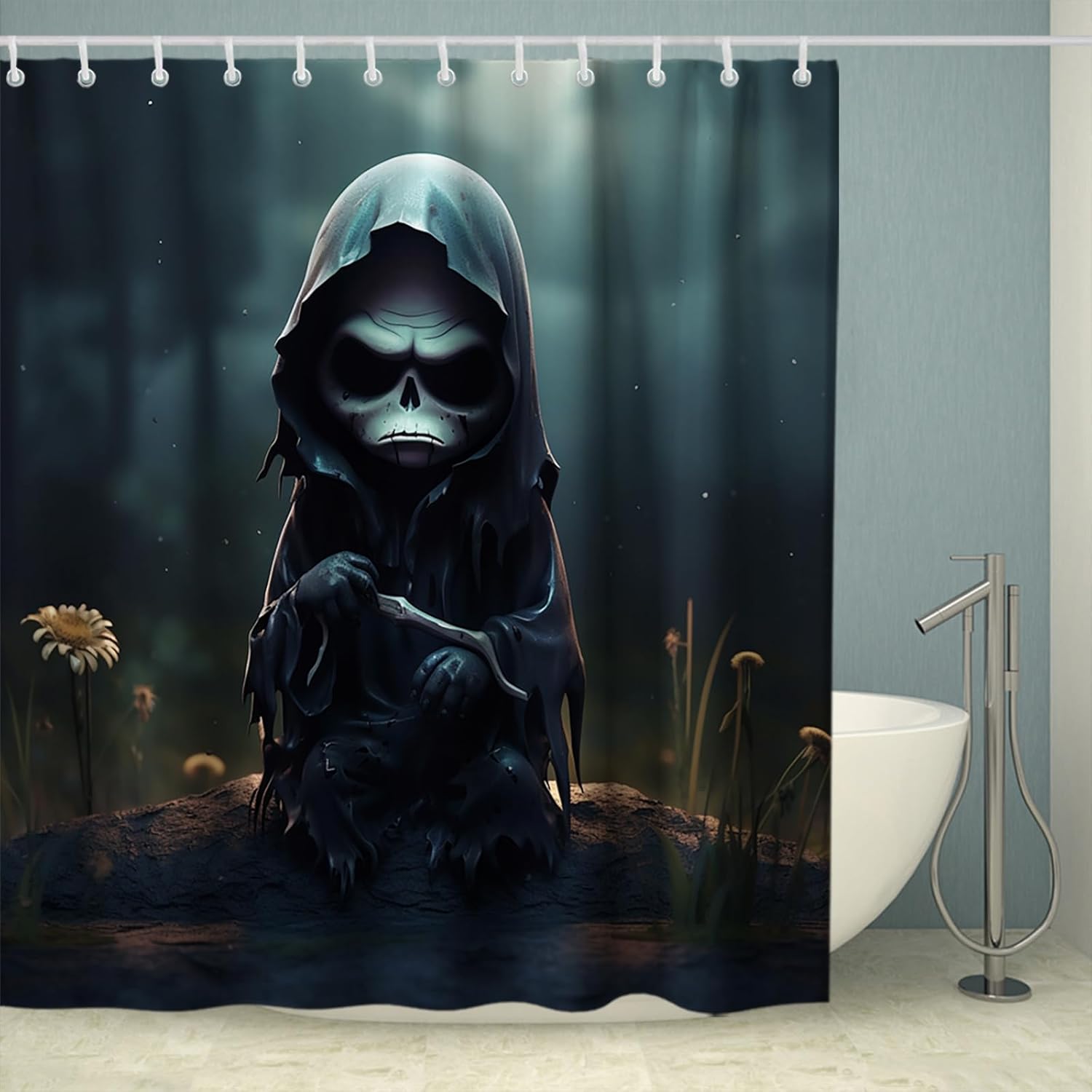 Cute Gothic Skeleton Shower Curtain Set Black Spooky Theme Waterproof