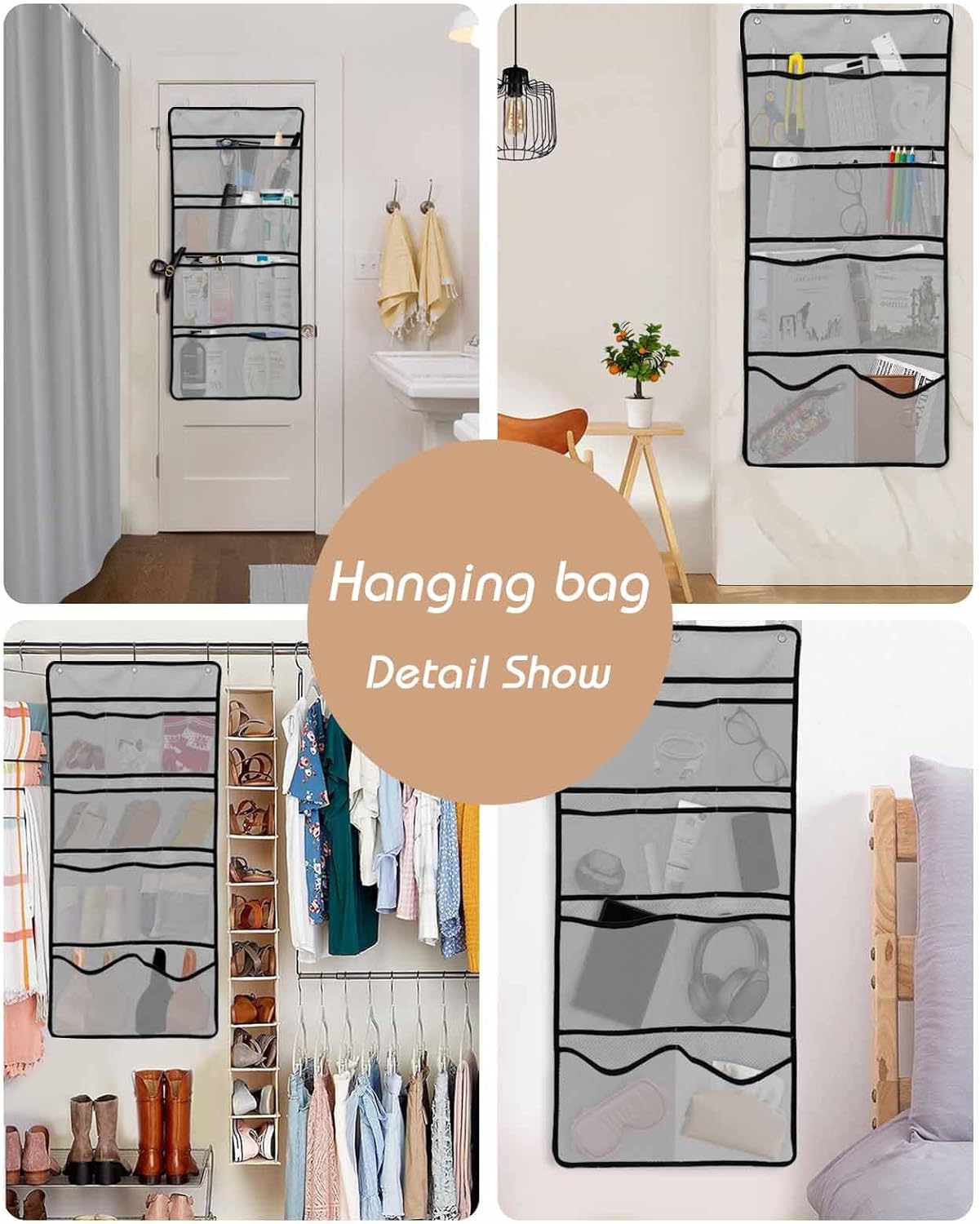 EZON-CH 36x78 stainless shower curtain set with hanging organizer Charcoal Gray