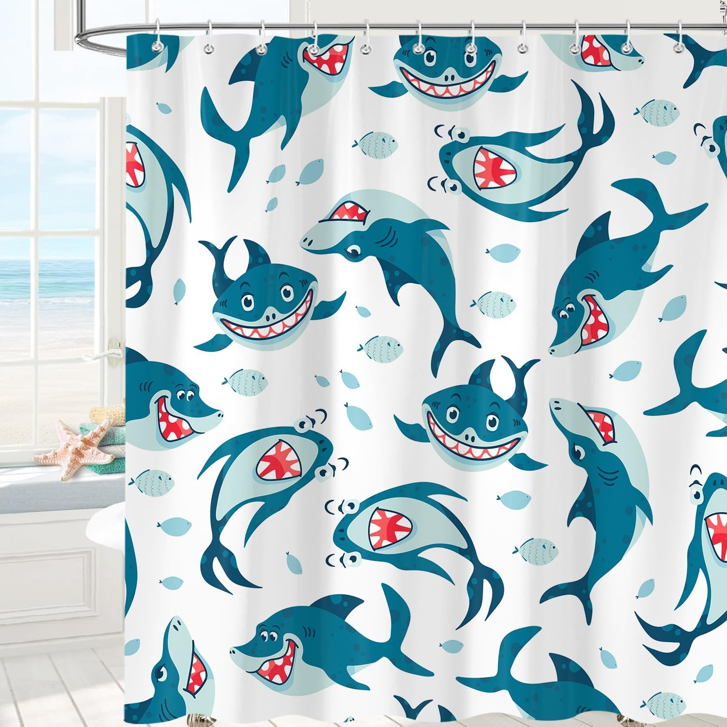 SokdcamFunny Shark Shower Curtain Ocean Wild Fish Kids Bathroom Curtain Set