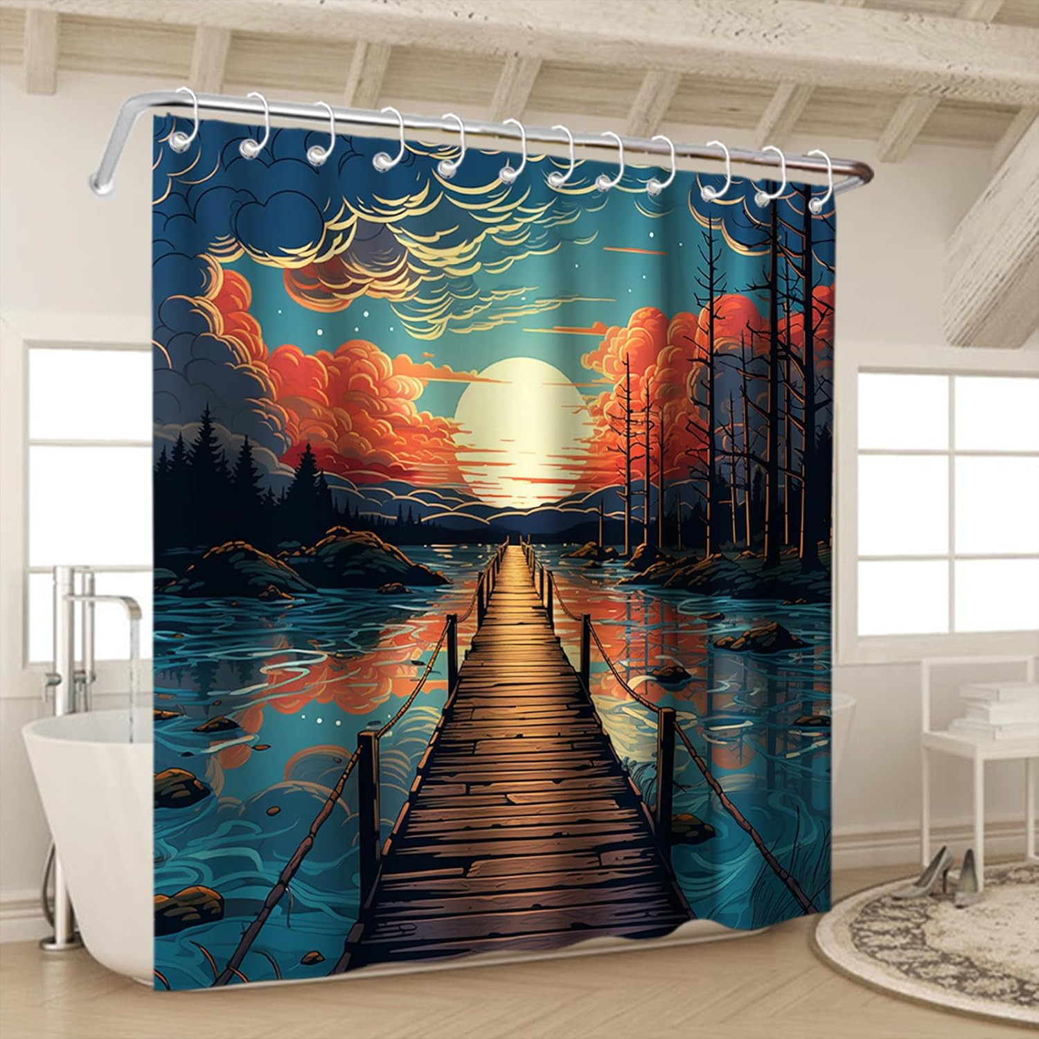 Rustic Lake Forest Wood Bridge Shower Curtain