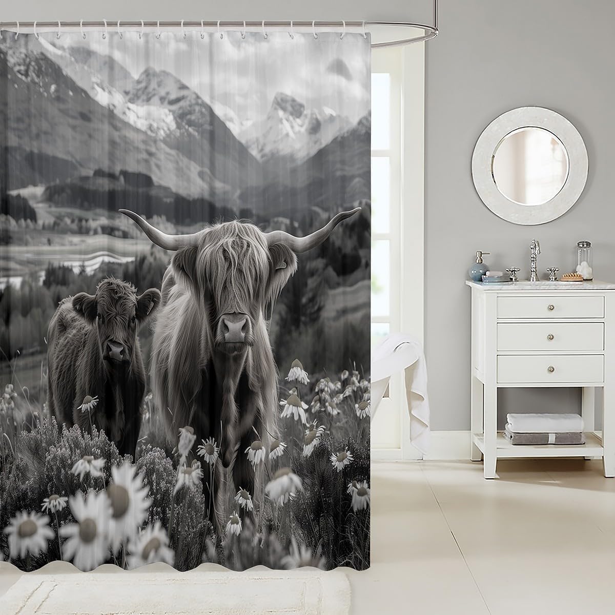 Jejeloiu Highland Cow Shower Curtain 72x78 Grey