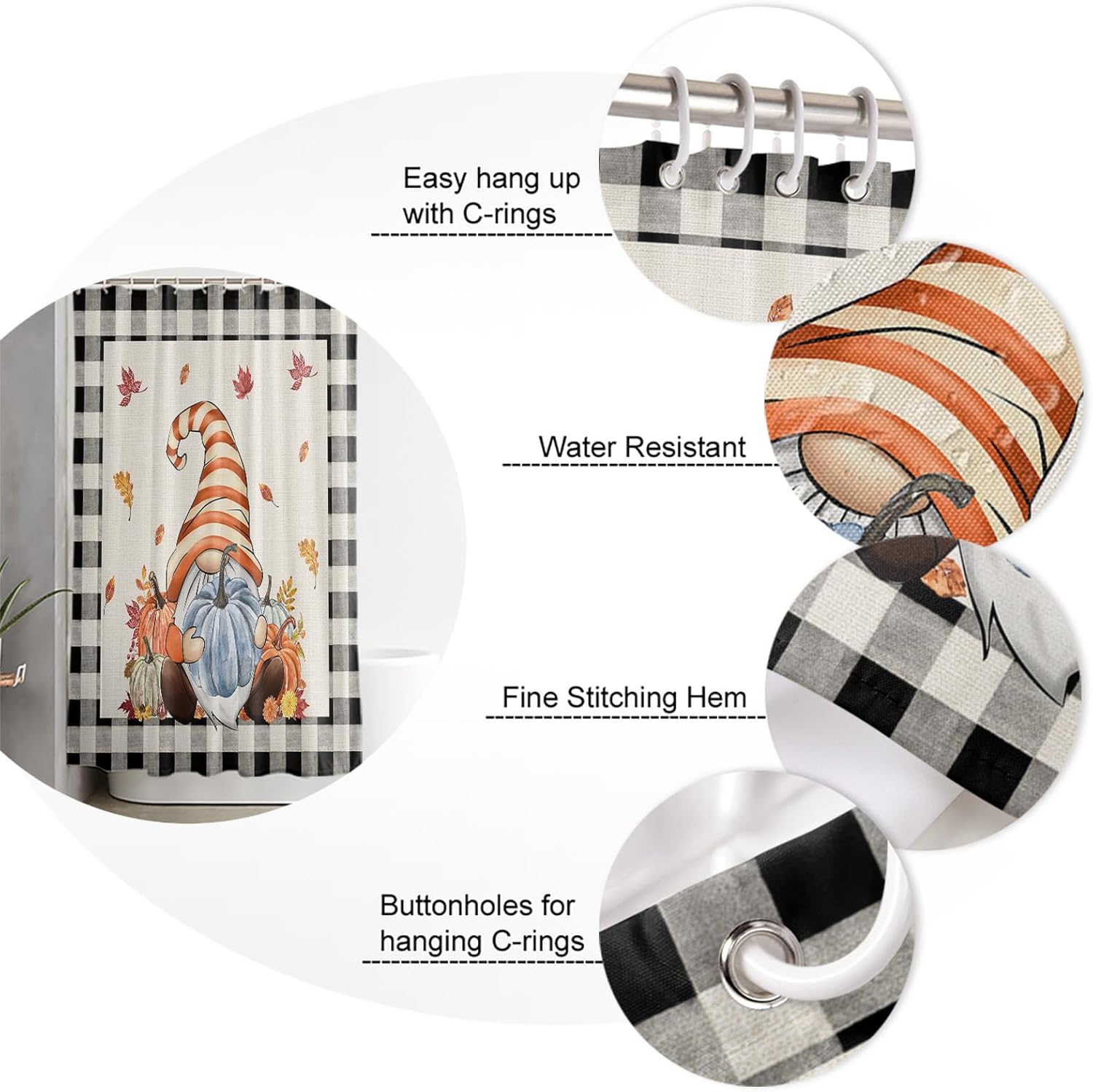 TocaHome Fall Pumpkins Waterproof Shower Curtain Set 36x78 inches