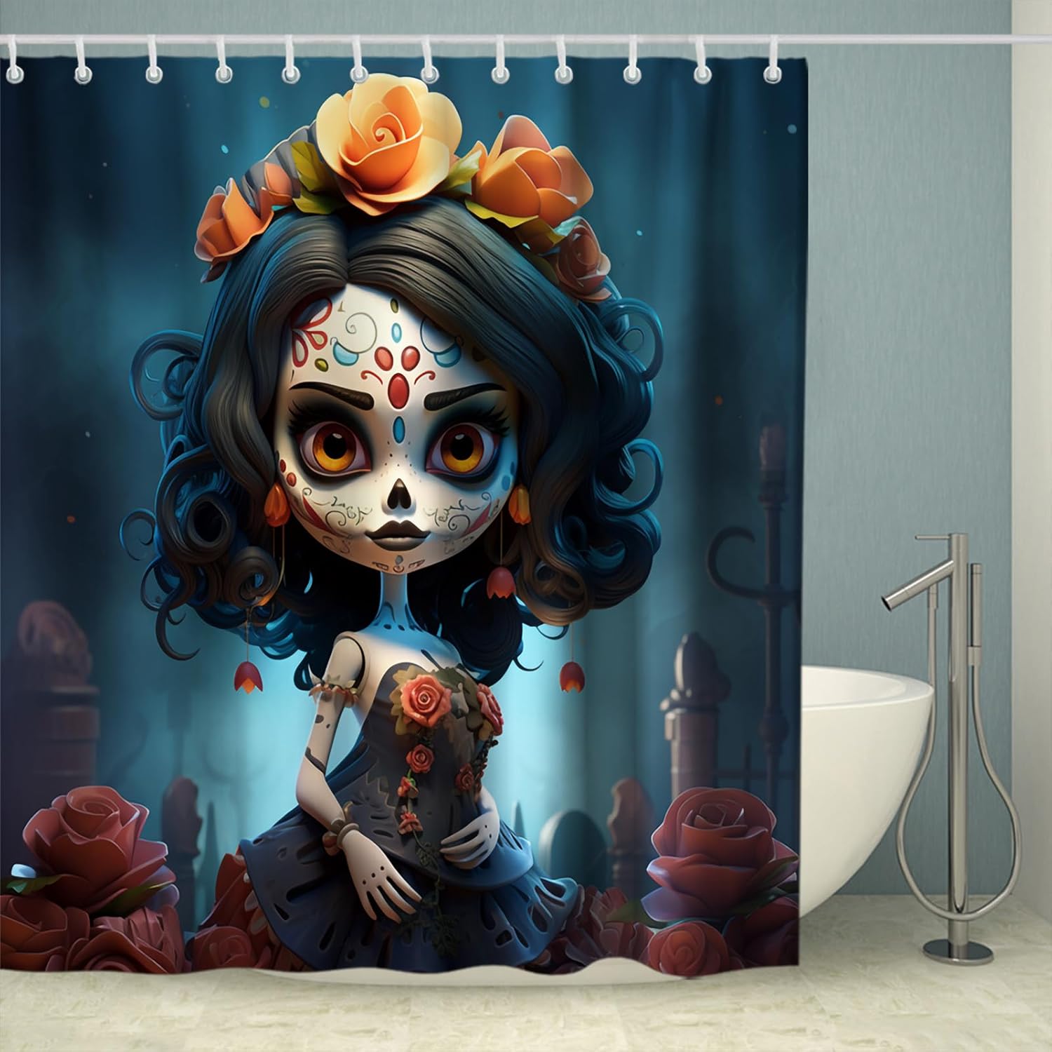 Zombie Girl Halloween Skull Shower Curtain Set