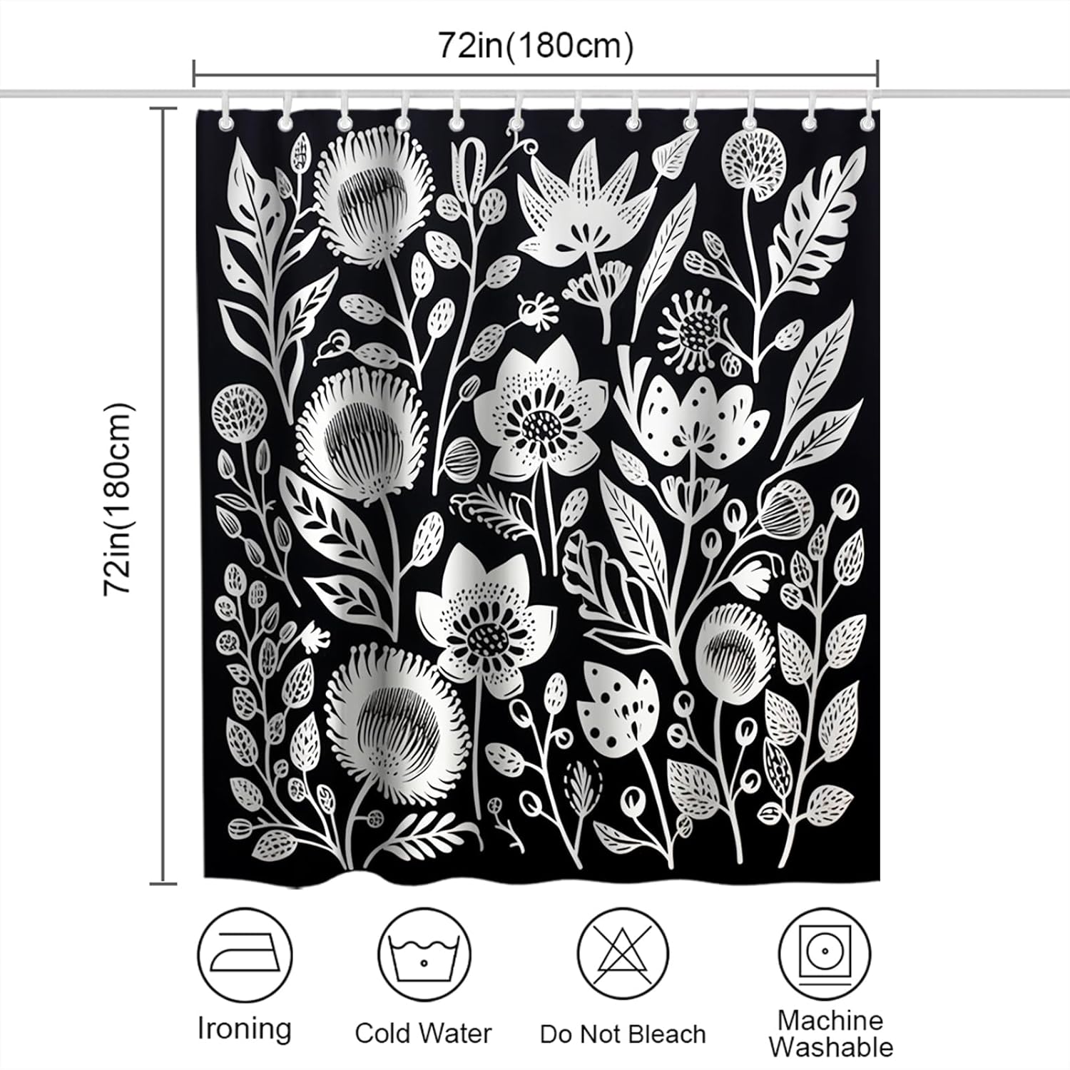 OTRANTO Black and White Floral Shower Curtain Set