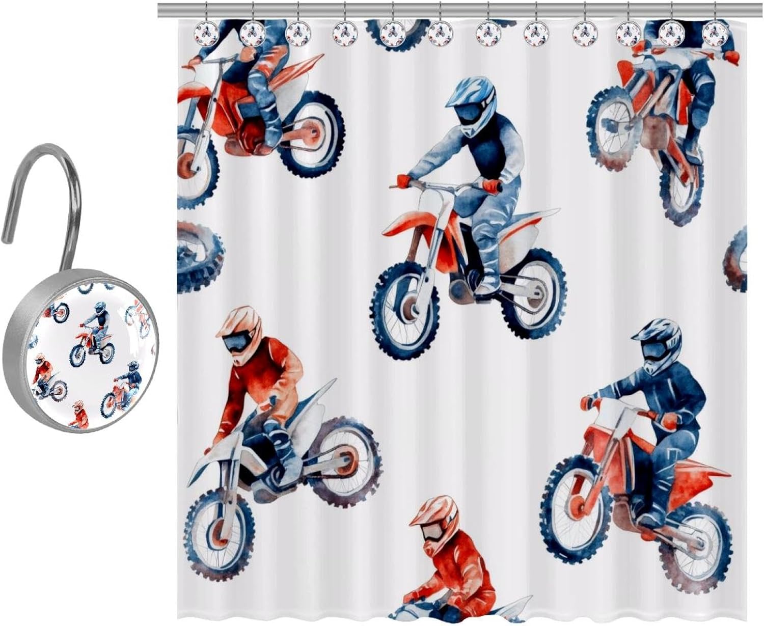 Boys on Motorcross Prints 10-Piece Stainless Steel Shower Curtain Set
