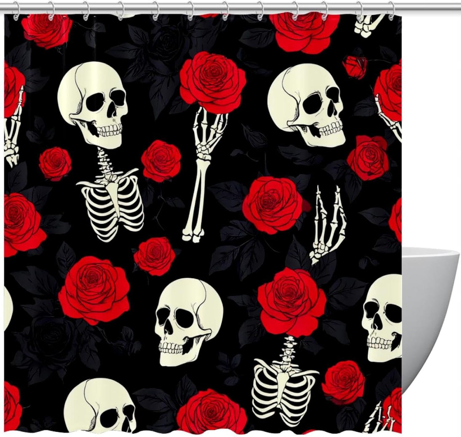 Bath Skeleton Skull Hand Holds Roses Shower Curtain Set - waterproof durable