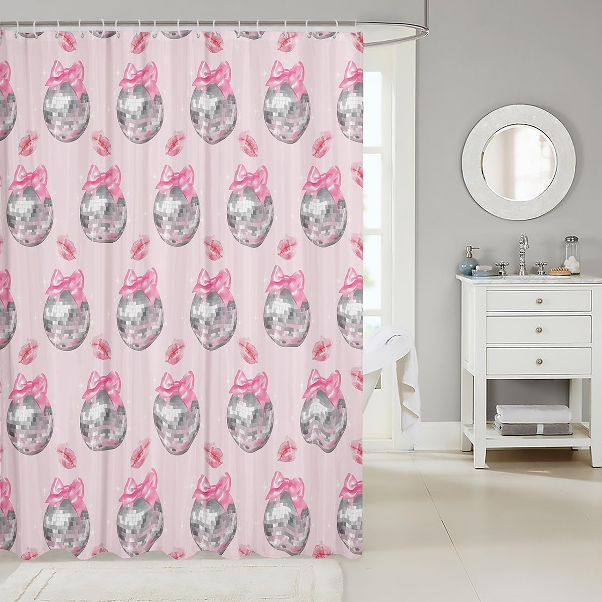 Feelyou Pink Bow Bath Curtain Set 72x72 Disco Mirror