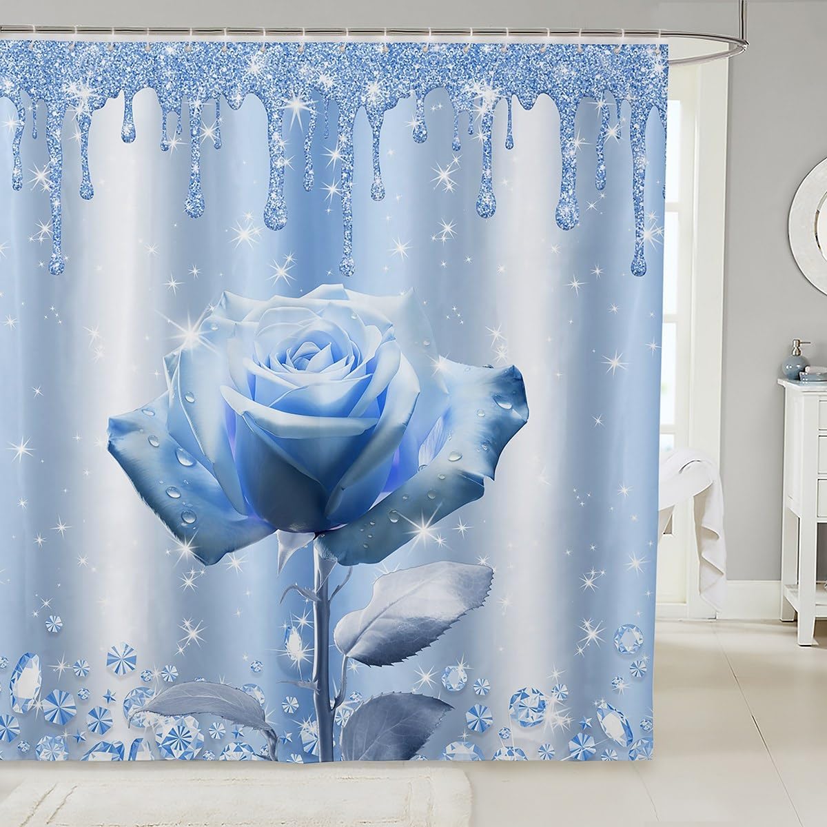 Stunning Blue Rose Shock Drop Water Resistant Bath Curtains with 12 Hooks