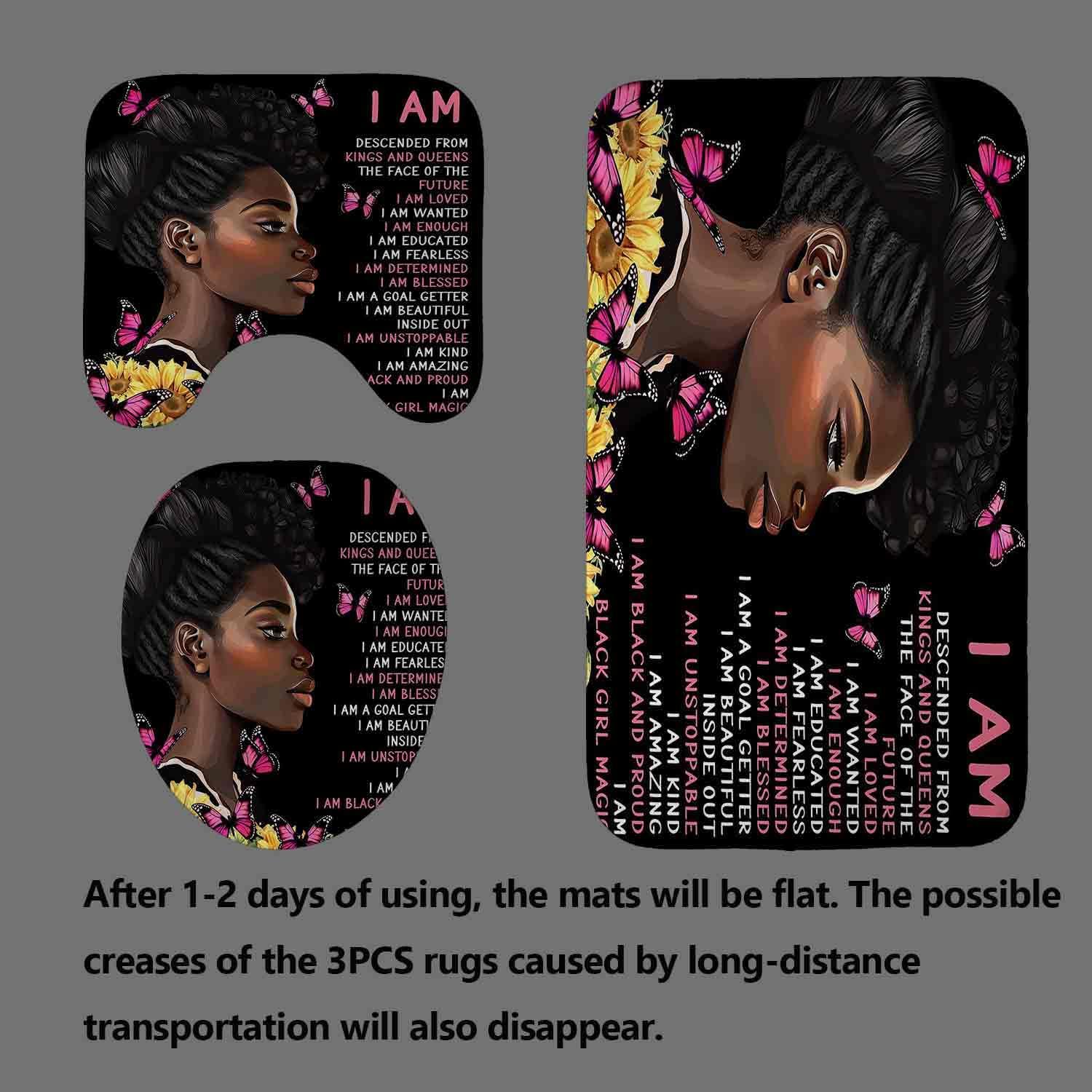 4PCS Black Girl Shower Curtain Set with Rugs Quotes