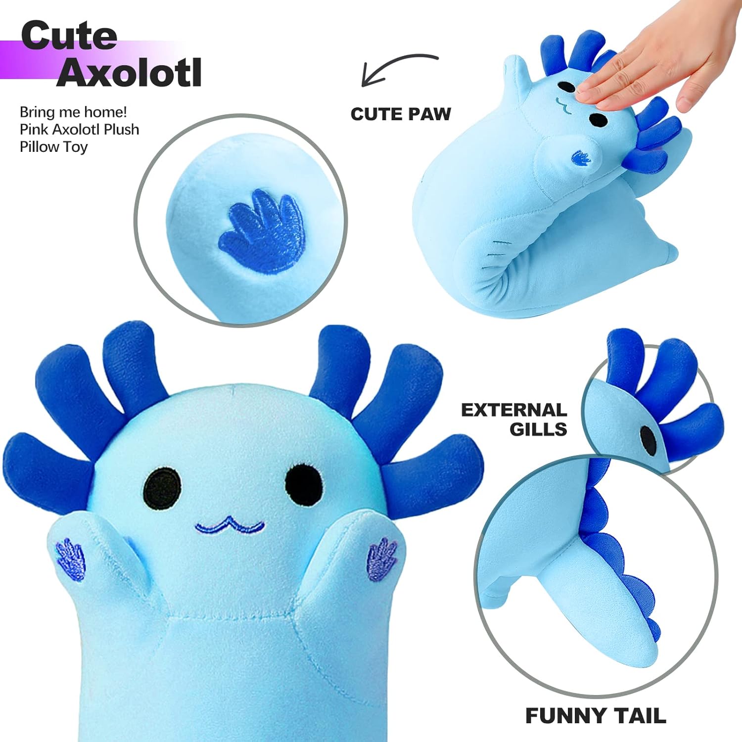 Blue Long Axolotl Plush Pillow for Kids and Adults