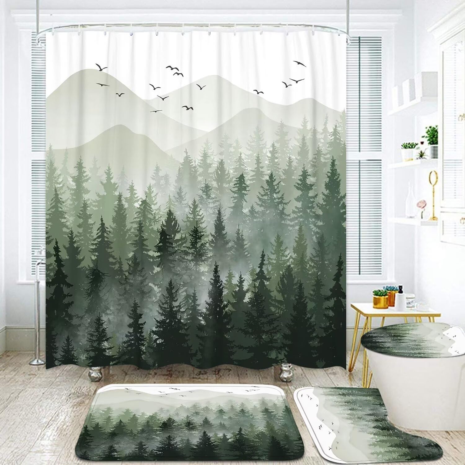 DDQQ 4Pcs Green Misty Forest Shower Curtain Set with Hooks