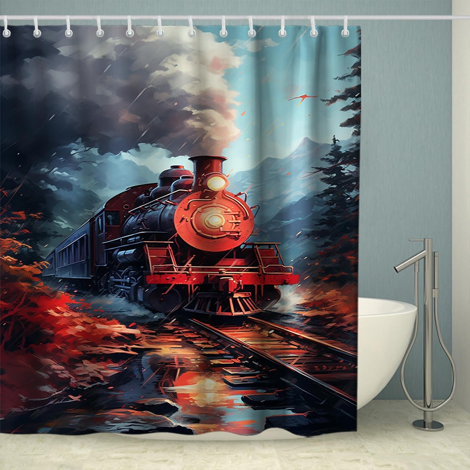 Antique Steam Engine Shower Curtain Red Train Nagarcoloka