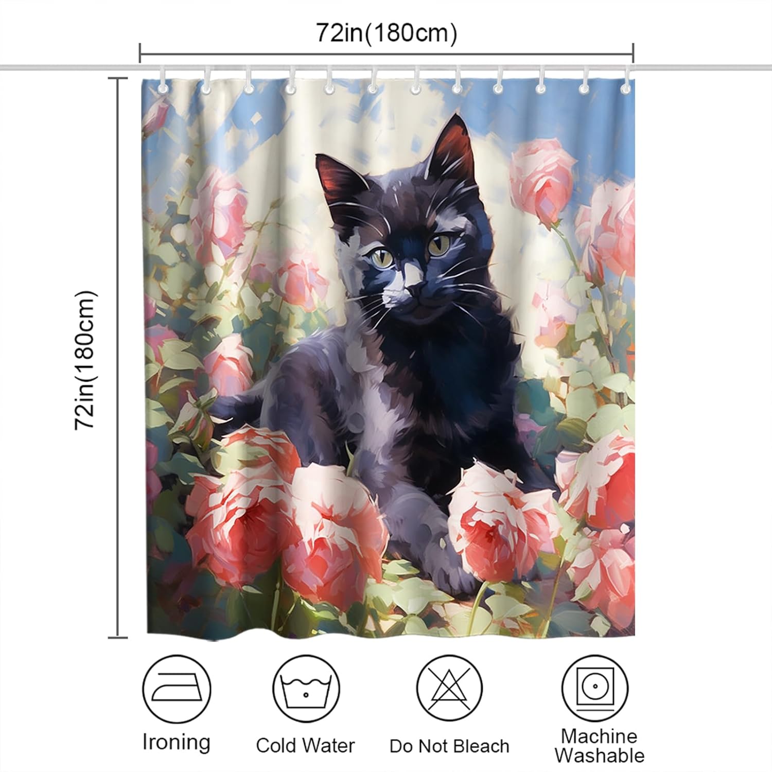 Cute Black Cat Rose Theme kids shower curtain