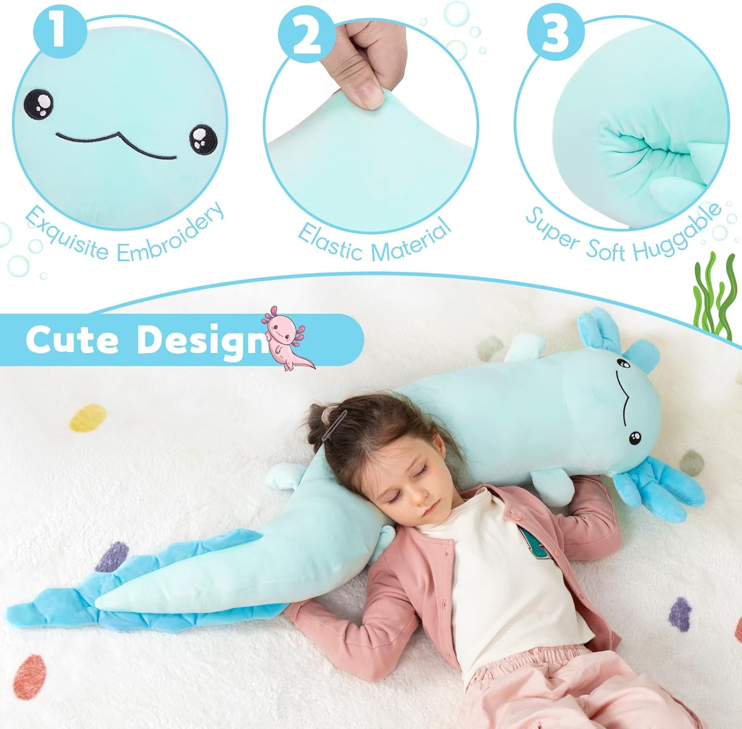 Big Blue Axolotl Plush Pillow for Relaxation and Automatically Glowing at Night