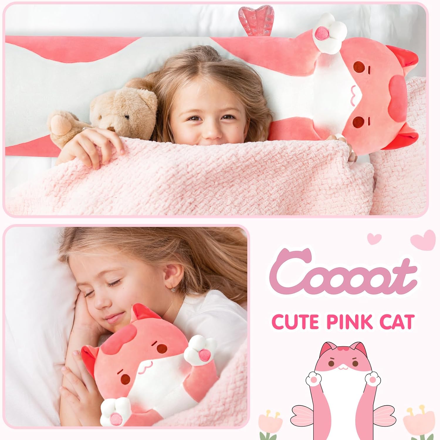 Long Cat Plush Body Pillow - Cute Pink Stuffed Animal