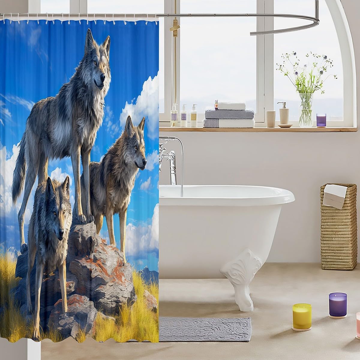 Wolf shower curtain 72x78 design set with 12 c-shaped hooks