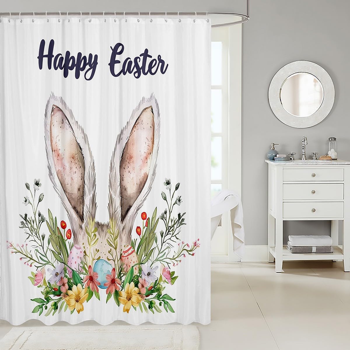 JEJELOIU Cute Rabbit Bathroom Shower Curtain Set for Kids Easter beyond