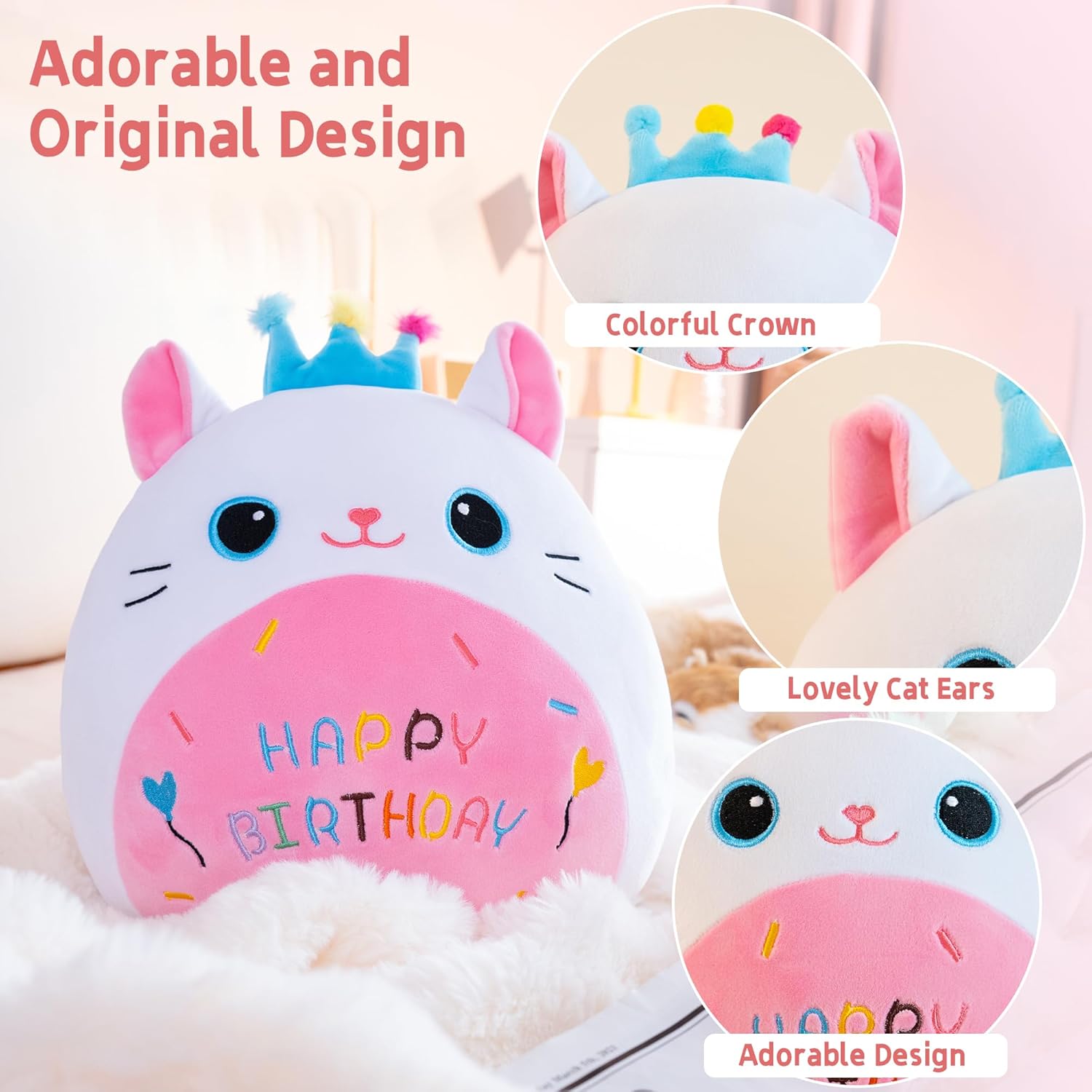 Gudisi White Cat Plushie Pillow with Crown 8 Inch 1
