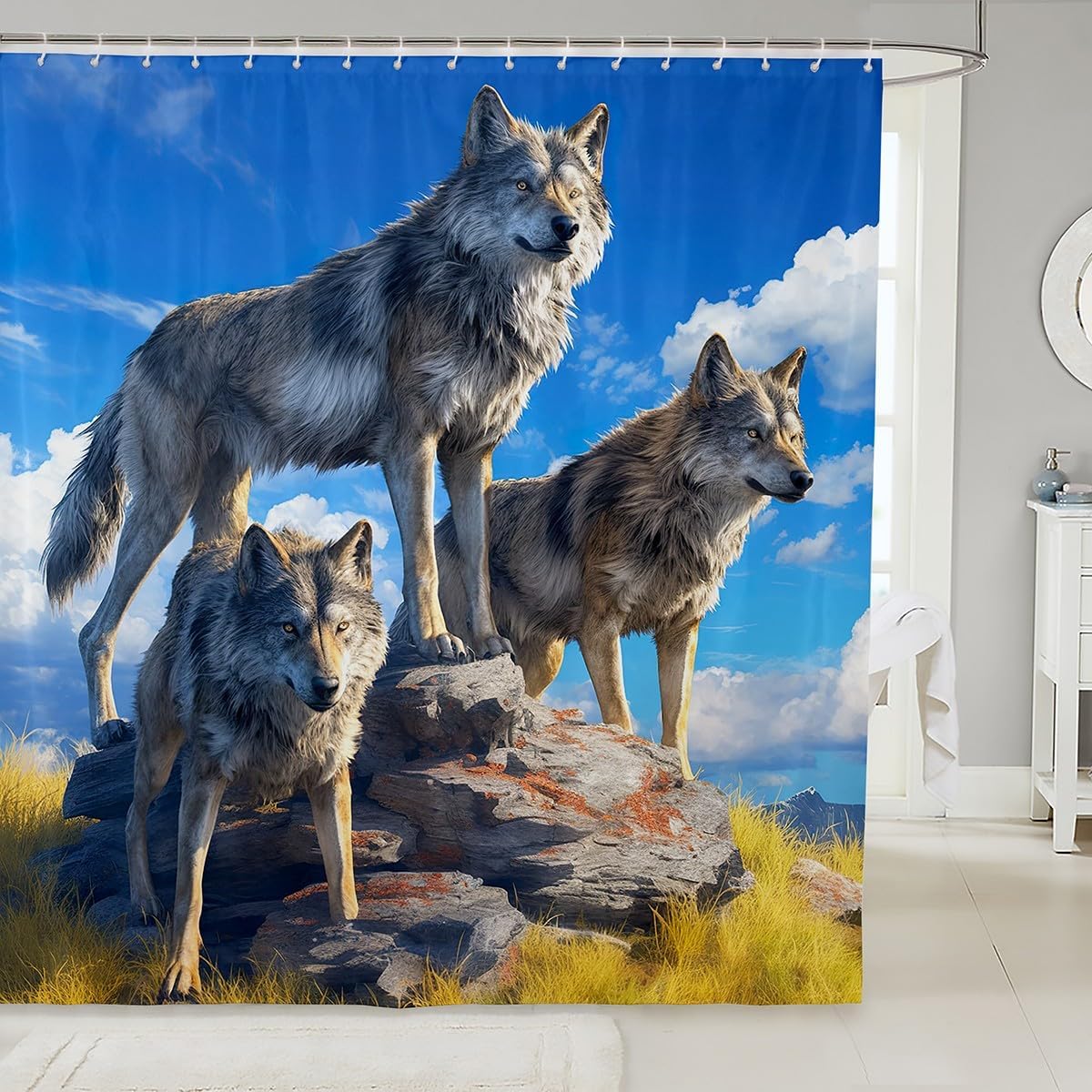 Wolf shower curtain 72x78 design set with 12 c-shaped hooks
