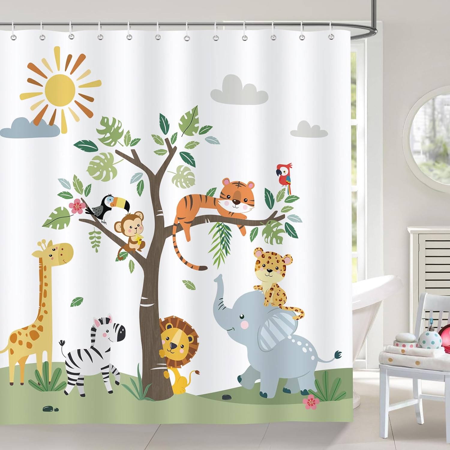Bonhause Jungle Animal shower curtain for kids Waterproof 72x72 fun bath time