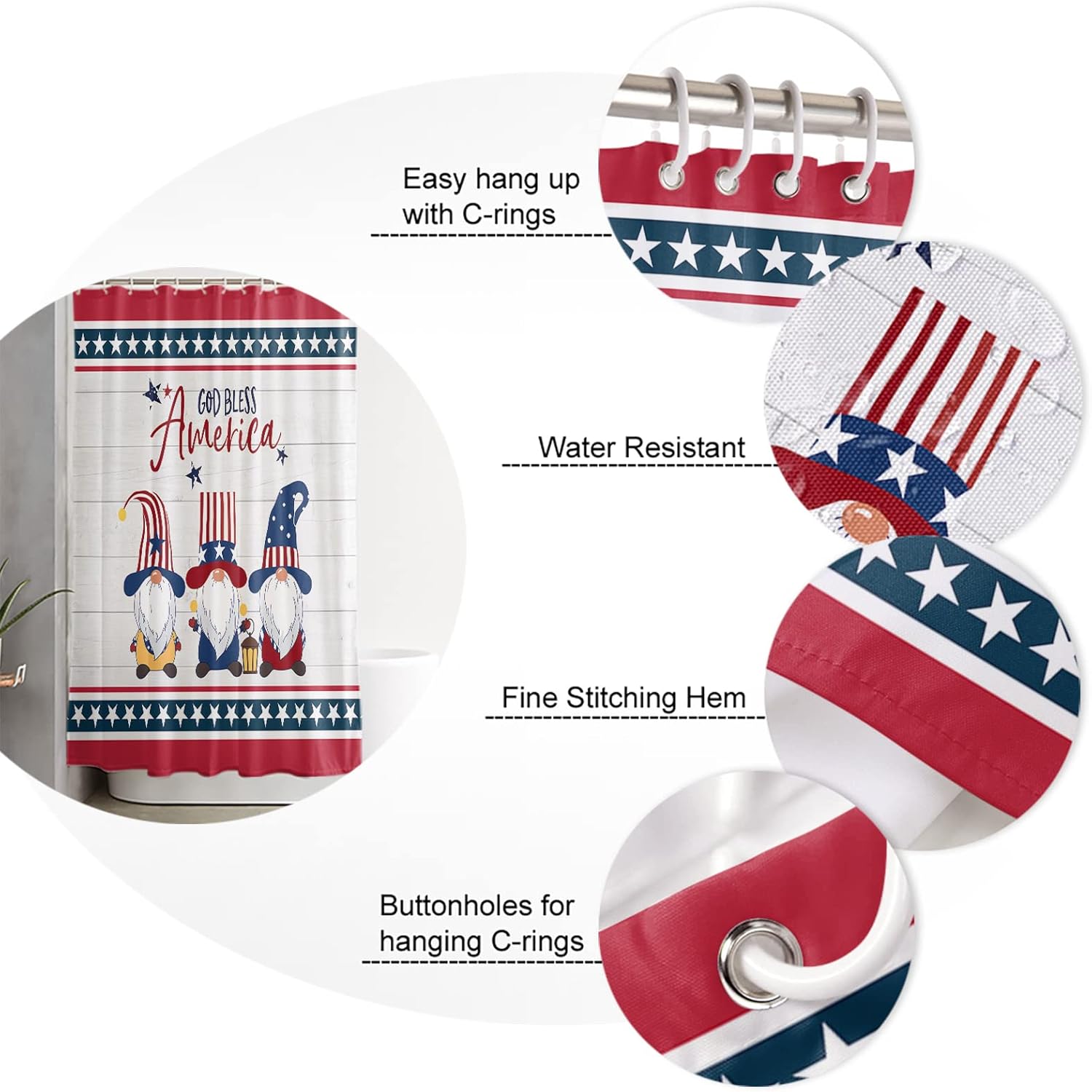 Waterproof Shower Curtain with Hooks and Patriotic Stars Design