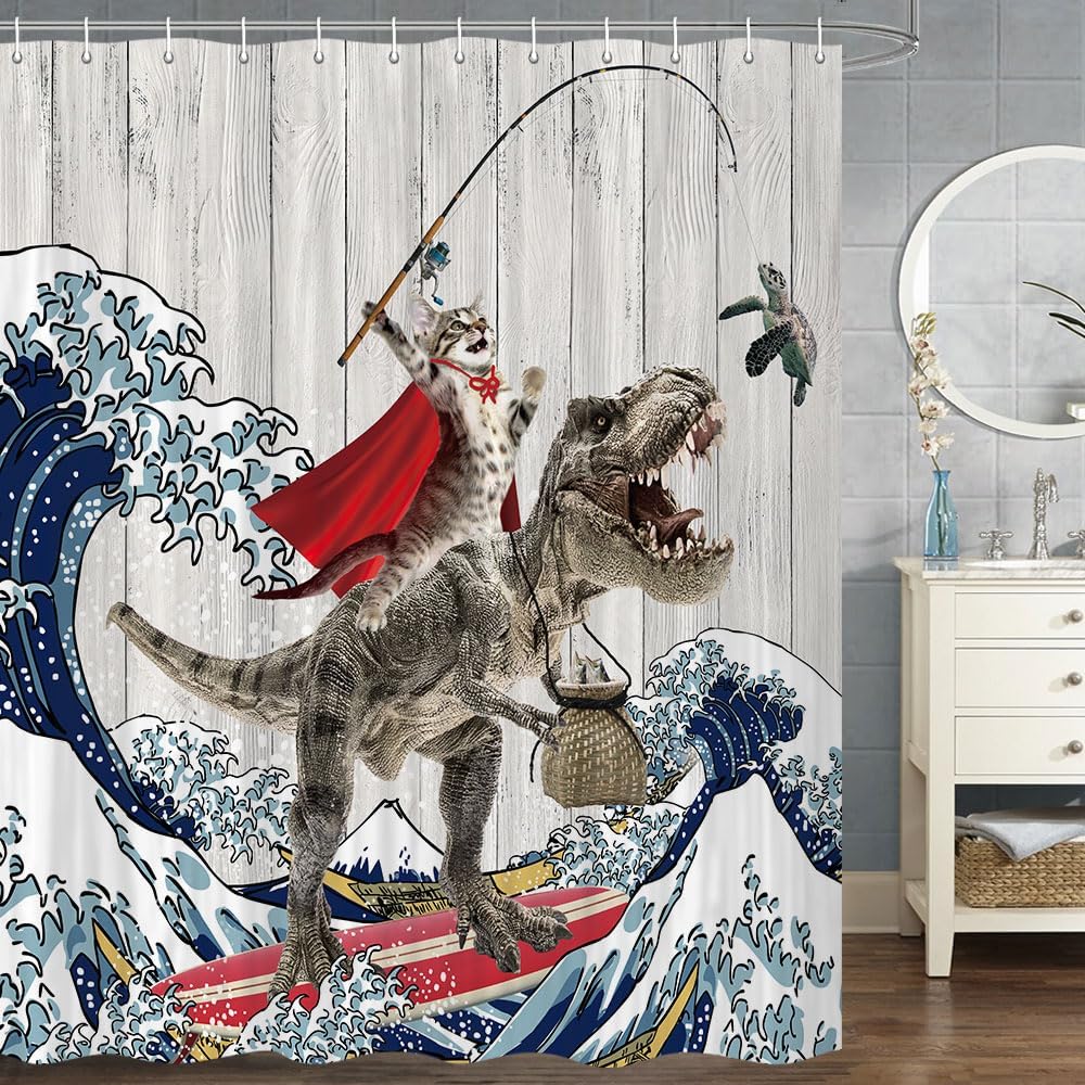 Send A Cat Dinosaur Blue Ocean Cat Shower Curtain Set