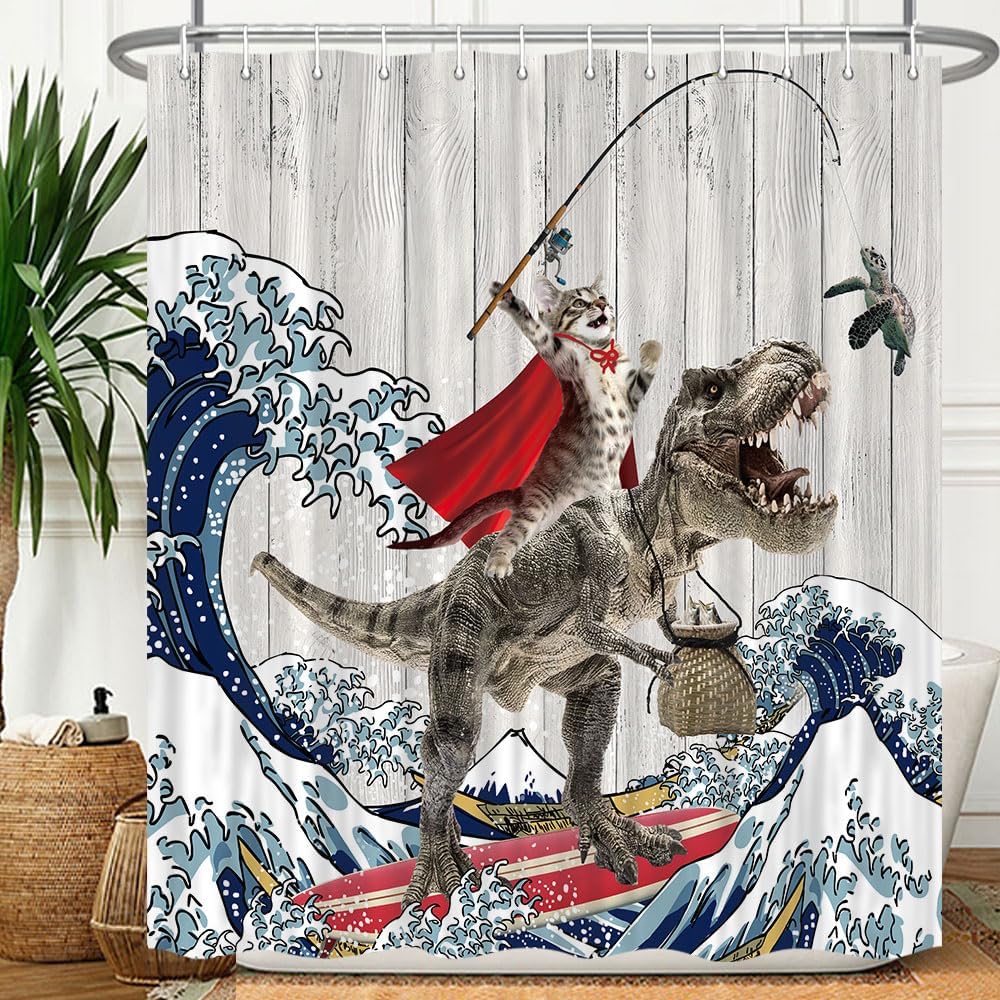 Send A Cat Dinosaur Blue Ocean Cat Shower Curtain Set