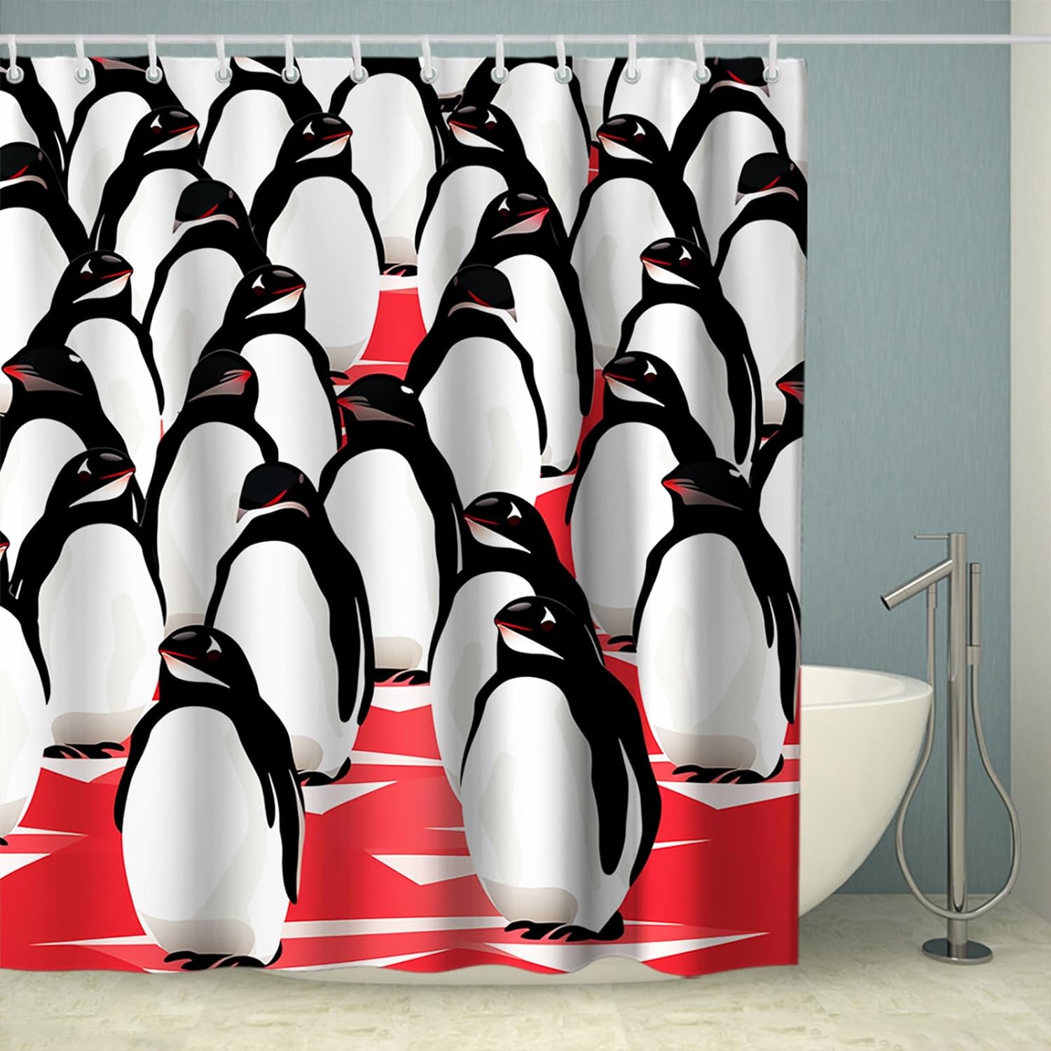 OTRANTO Black and White Penguin Shower Curtain Set