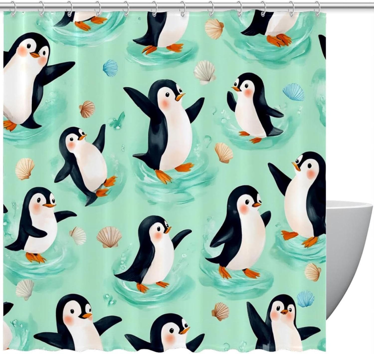 VAPOKF Penguins Play Seashells Shower Curtain Set 1
