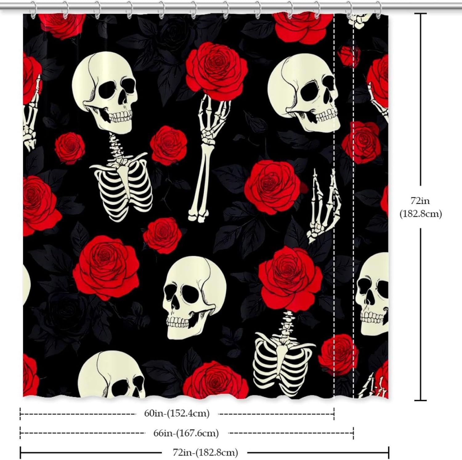 Bath Skeleton Skull Hand Holds Roses Shower Curtain Set - waterproof durable