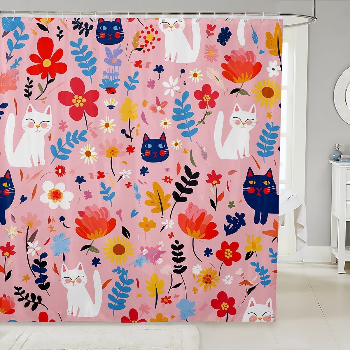 Manfei Floral Cat Shower Curtain 72x78 Blue White discharged