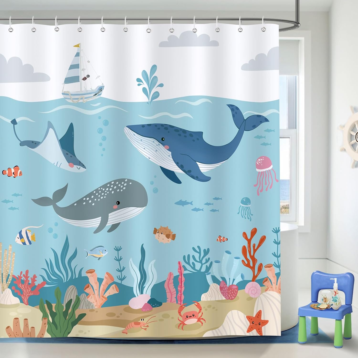Bonhause Kids Bath Under the Sea Whales and Coral Curtain