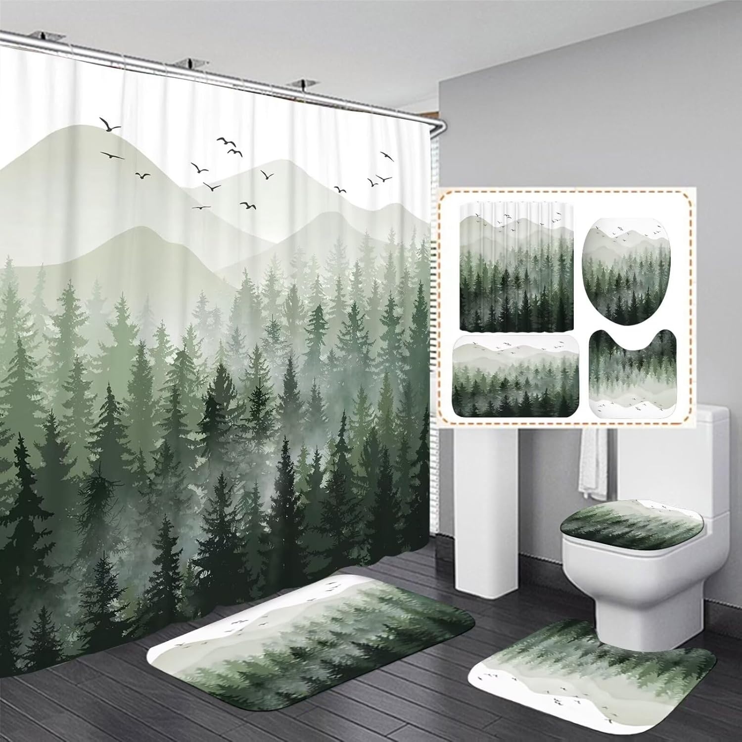 DDQQ 4Pcs Green Misty Forest Shower Curtain Set with Hooks