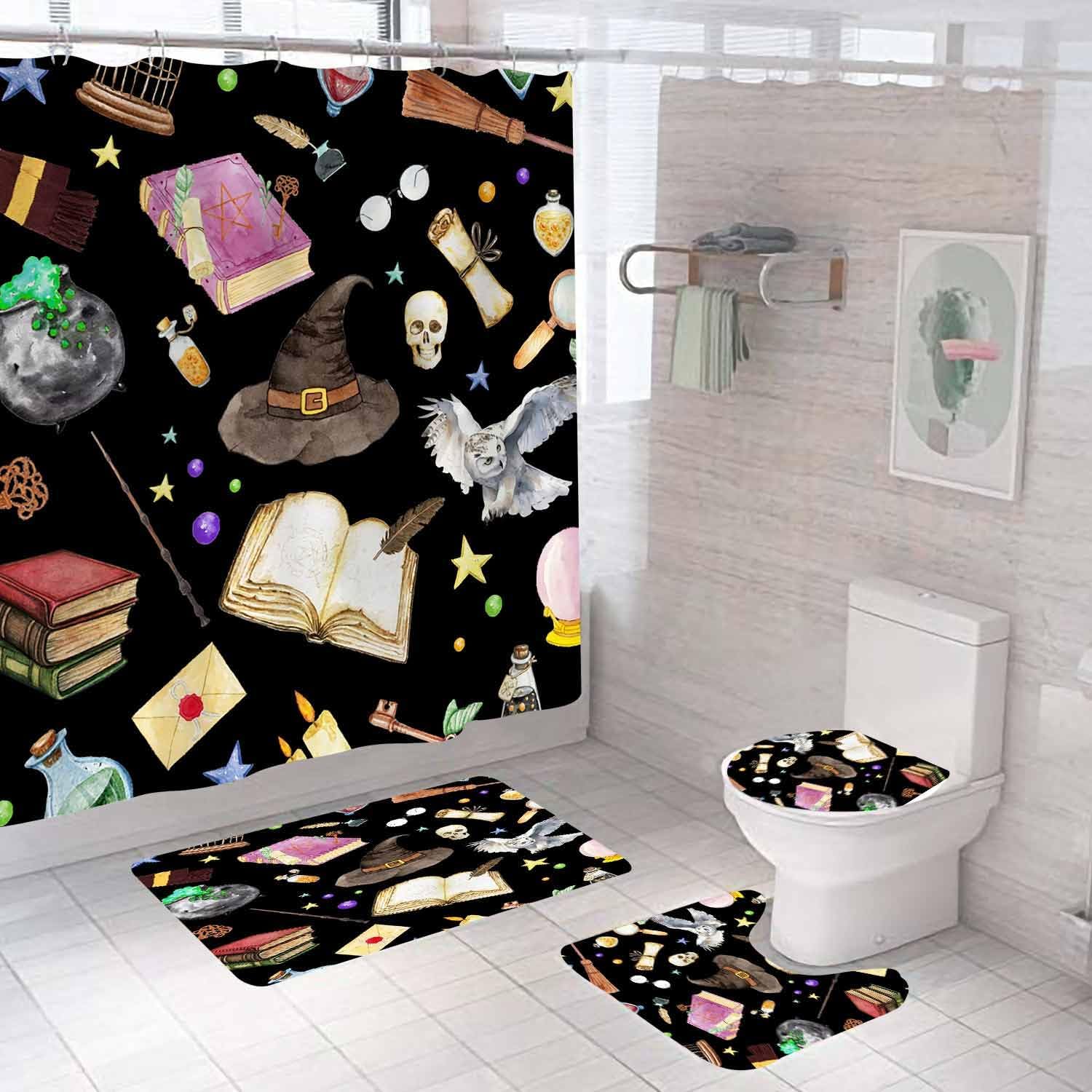 4PCS Witchy Magic Halloween Shower Curtain Set with Rugs