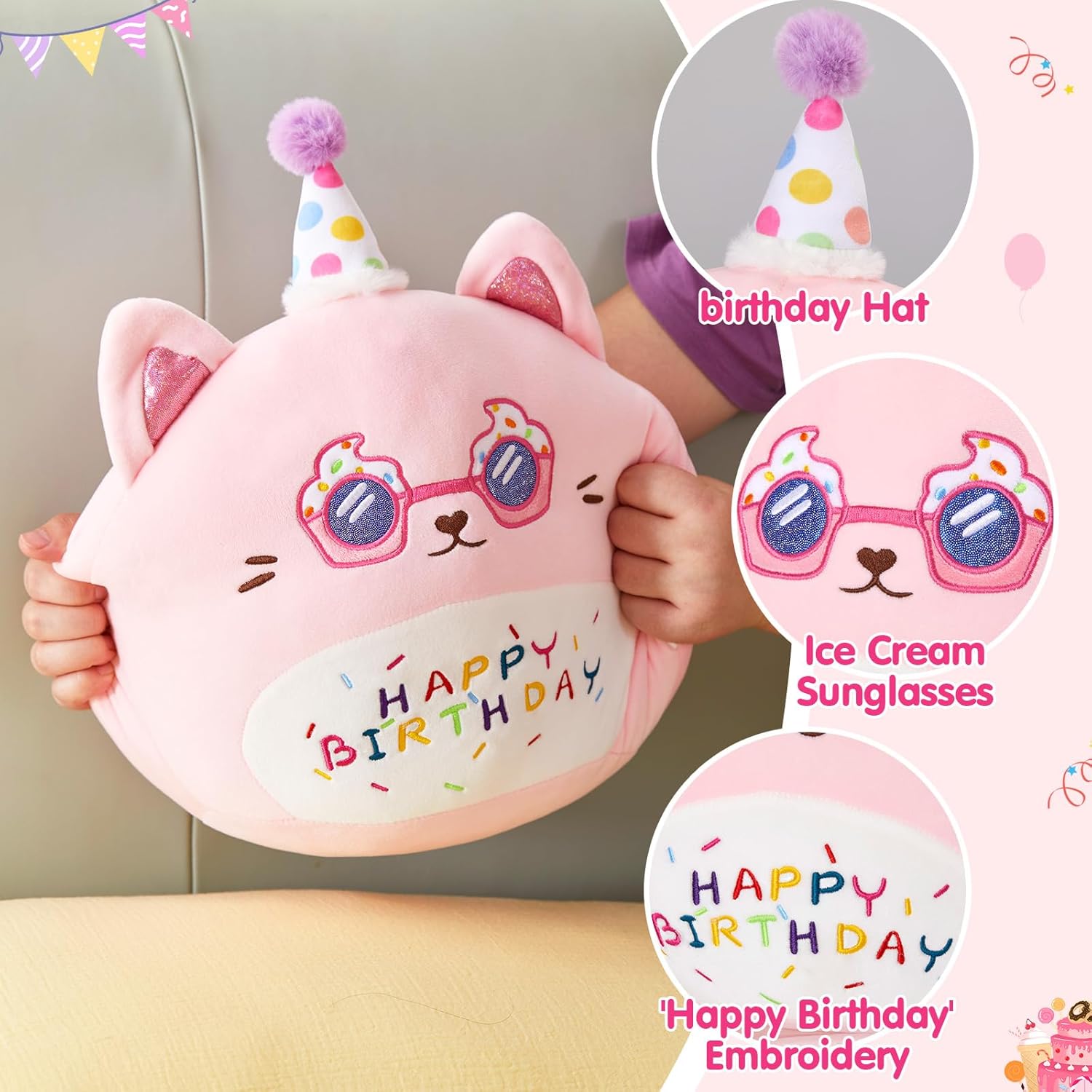 Happy Birthday Plush Cat Pillow