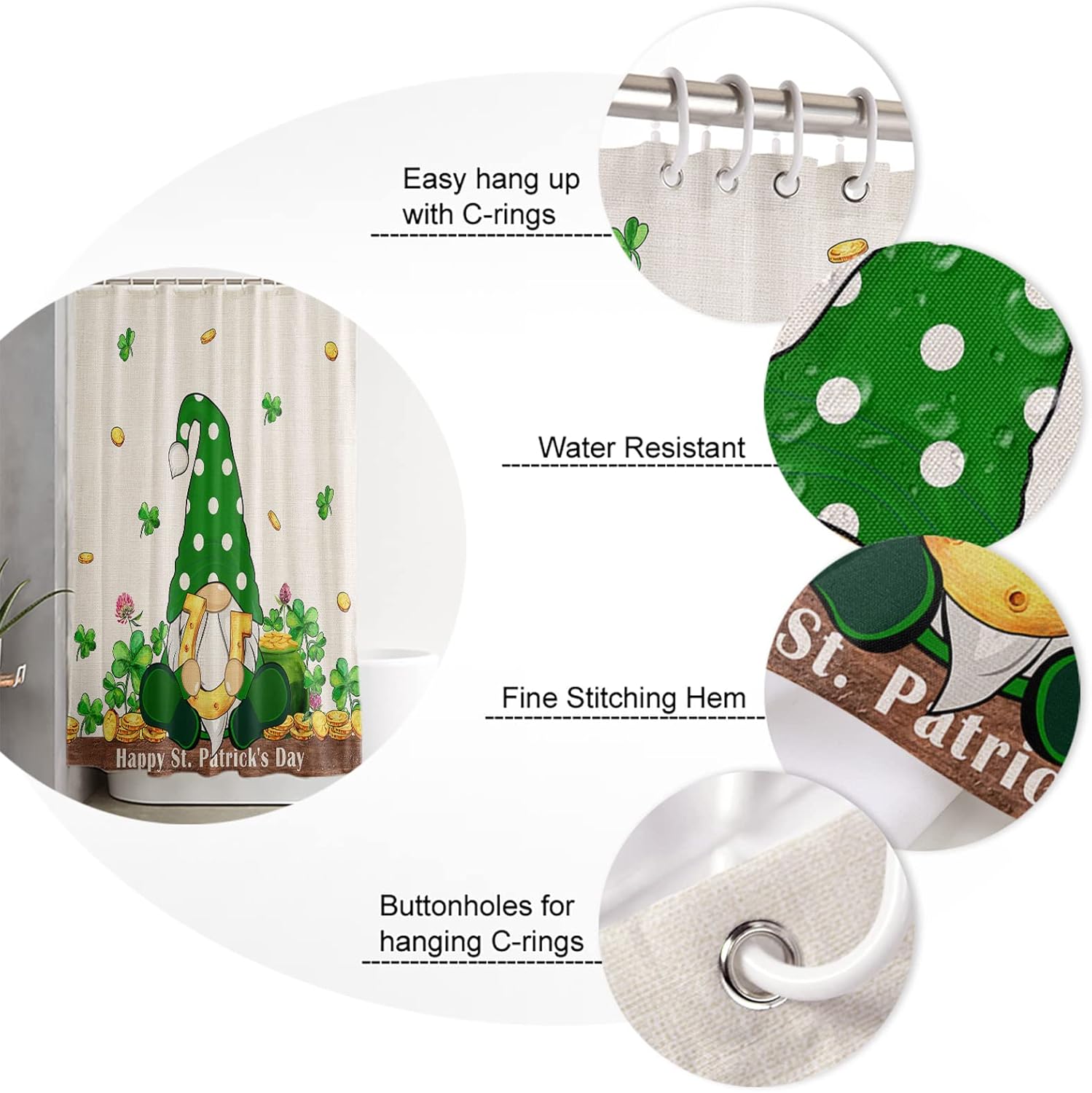 Waterproof Irish Gnomes Green Clover Shower Curtain