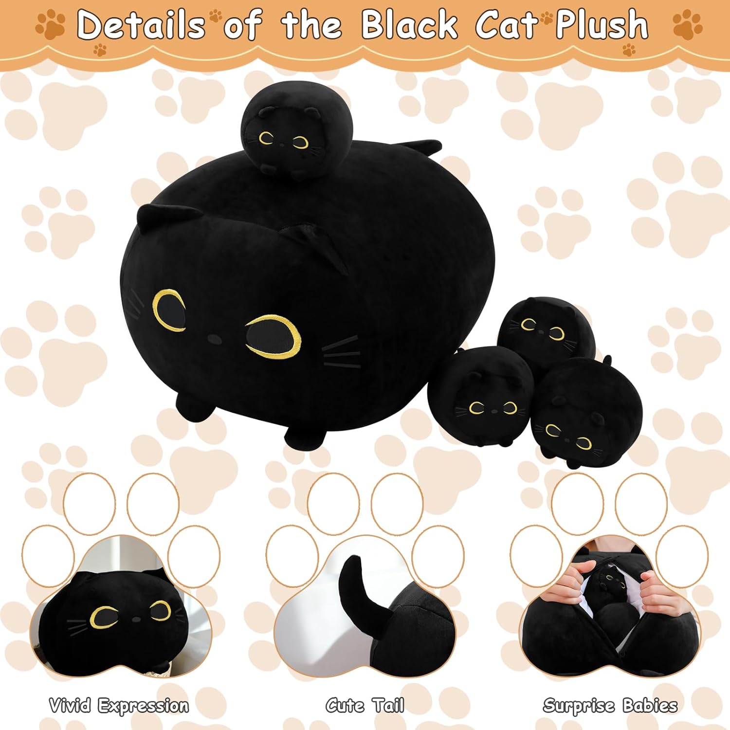 Black Cat Stuffed Animal with Four Squishy Babies