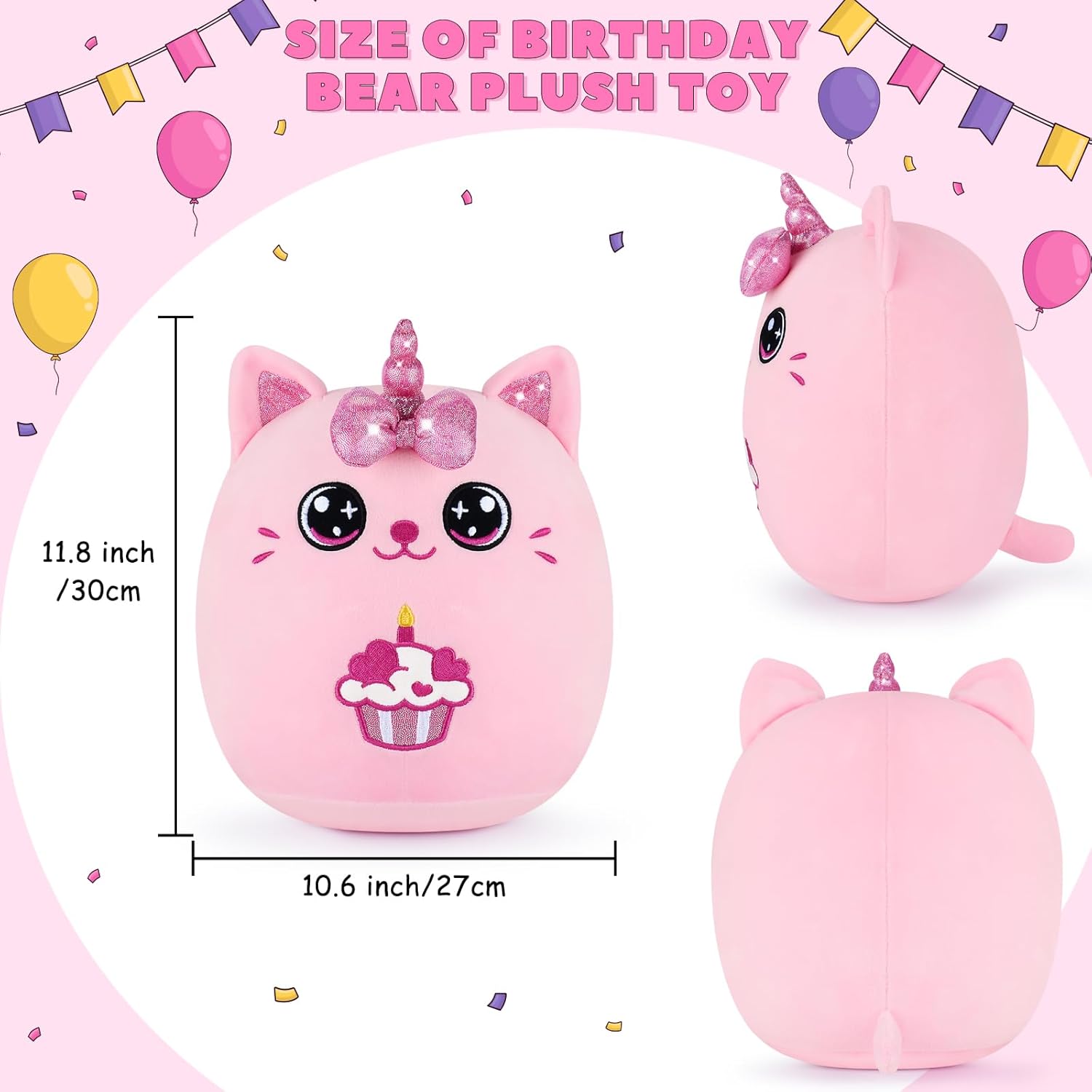 Auspicious Beginning Birthday Unicorn Cat Plush Pillow - 11 Inches Pink