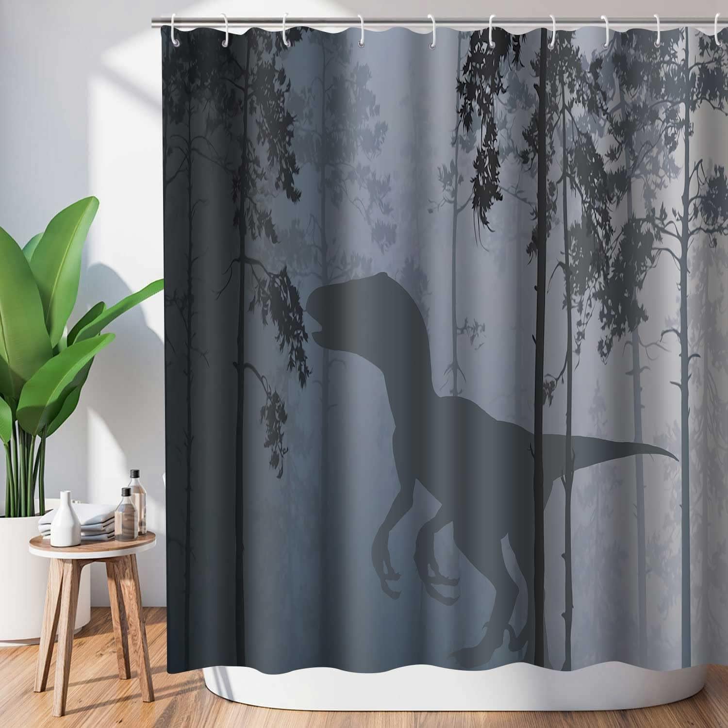 Dinosaur Shower Curtain Set Tyrannosaurus Rex Silhouette with 12-Pack Plastic Hooks