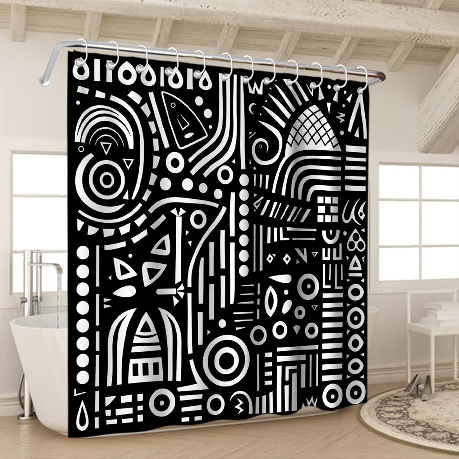 Elegant Geometric Black White Shower Curtain